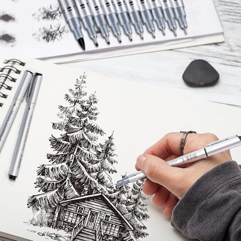 Drawing Waterproof Pen, Black Fine Liner, Fine Point Drawing Pen 0.2mm to 1.0mm Writing Marker Pens Width Tips and 2.5mm, Flare Pens 0.38 Pens Fine Point Black Pens (Set of 10) in Saudi Arabia