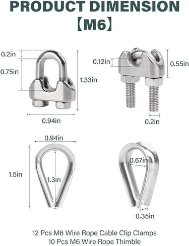 12Pcs 3/16" M5 Wire Rope Cable Clip Clamps 10 Pcs M5 Wire Rope Thimble, 304 Stainless Steel Cable Clamps Kit for 3/16 inch Wire Rope Cable Thimbles Rigging in Saudi Arabia