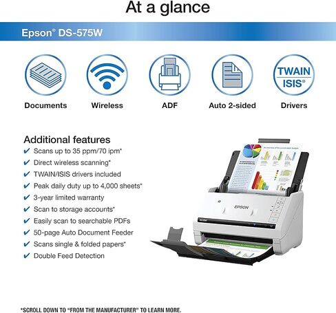 Epson DS-785W ماسح ضوئي للمستندات المكتبية الملونة على الوجهين، حتى 45 صفحة في الدقيقة، اتصال لاسلكي/USB، مسح ضوئي بدون كمبيوتر ScanWay، شاشة LCD تعمل باللمس 4.3 بوصة، وحدة تغذية تلقائية للمستندات 100 صفحة (ADF)، برامج تشغيل Twain/ISIS in Kuwait