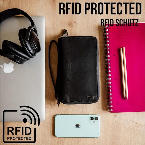 محفظة سفر من برلينر باجز، دالاس XL، محفظة جلدية محمية بتقنية تحديد الهوية بموجات الراديو، للرجال والنساء - أسود in Kuwait