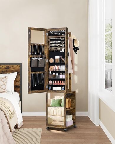 8 LEDs Jewelry Cabinet Armoire, 64.8-inch Jewelry Organizer with Garment Rack, Lockable Full-length Mirror with 4 Wheels, Storage Shelves with Hooks, 5-in-1, Toasted Oak JC17007B in Saudi Arabia
