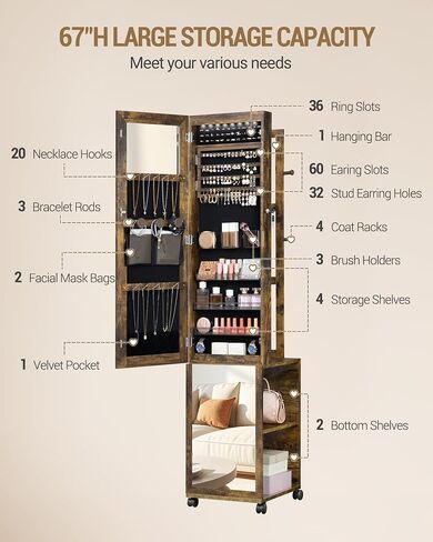 8 LEDs Jewelry Cabinet Armoire, 64.8-inch Jewelry Organizer with Garment Rack, Lockable Full-length Mirror with 4 Wheels, Storage Shelves with Hooks, 5-in-1, Toasted Oak JC17007B in Saudi Arabia