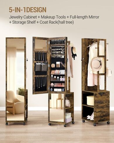8 LEDs Jewelry Cabinet Armoire, 64.8-inch Jewelry Organizer with Garment Rack, Lockable Full-length Mirror with 4 Wheels, Storage Shelves with Hooks, 5-in-1, Toasted Oak JC17007B in Saudi Arabia