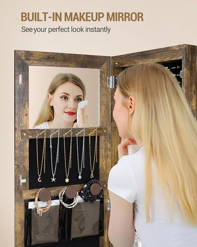 8 LEDs Jewelry Cabinet Armoire, 64.8-inch Jewelry Organizer with Garment Rack, Lockable Full-length Mirror with 4 Wheels, Storage Shelves with Hooks, 5-in-1, Toasted Oak JC17007B in Saudi Arabia