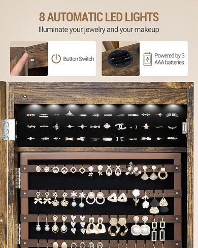 8 LEDs Jewelry Cabinet Armoire, 64.8-inch Jewelry Organizer with Garment Rack, Lockable Full-length Mirror with 4 Wheels, Storage Shelves with Hooks, 5-in-1, Toasted Oak JC17007B in Saudi Arabia