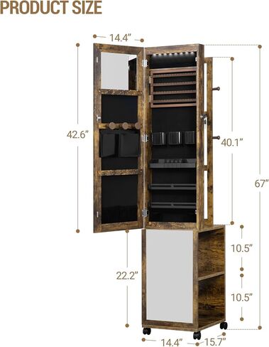 8 LEDs Jewelry Cabinet Armoire, 64.8-inch Jewelry Organizer with Garment Rack, Lockable Full-length Mirror with 4 Wheels, Storage Shelves with Hooks, 5-in-1, Toasted Oak JC17007B in Saudi Arabia