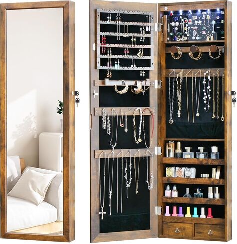 خزانة مجوهرات LED مع مرآة - 47.3 "مرآة مجوهرات باب Armoire معلقة/مرآة مثبتة على الحائط مع التخزين والأدراج بنية ريفية in Kuwait