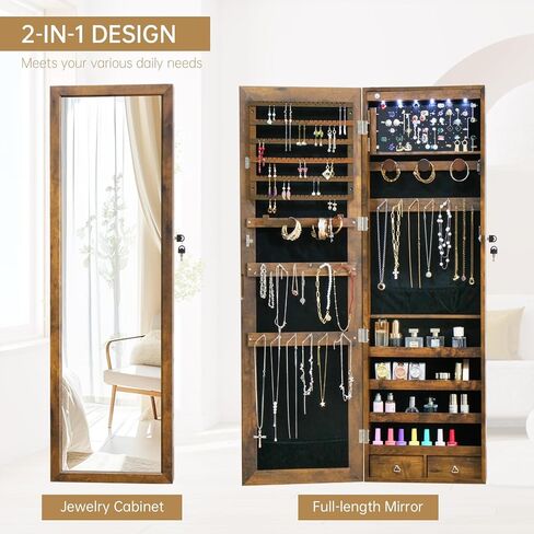 خزانة مجوهرات LED مع مرآة - 47.3 "مرآة مجوهرات باب Armoire معلقة/مرآة مثبتة على الحائط مع التخزين والأدراج بنية ريفية in Kuwait