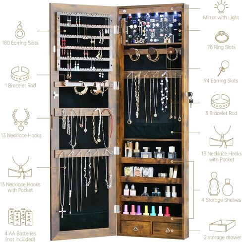 خزانة مجوهرات LED مع مرآة - 47.3 "مرآة مجوهرات باب Armoire معلقة/مرآة مثبتة على الحائط مع التخزين والأدراج بنية ريفية in Kuwait