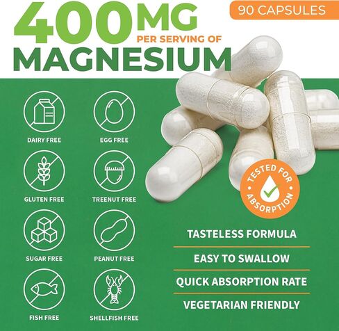 Pure Magnesium Glycinate 400mg Serving - High Absorption Magnesium Glycinate - Mag Bisglycinate for Stress, Bones, Muscles, Nerves, Relaxation & Heart Healt - 90 Capsules in Kuwait