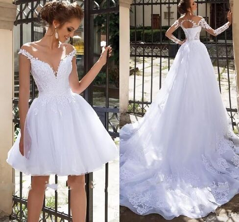 Poioiy Wedding Dresses for Bride 2023 Long Sleeve Illusion Boho Bridal Gowns for Women with Train in Kuwait