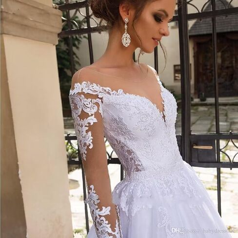 Poioiy Wedding Dresses for Bride 2023 Long Sleeve Illusion Boho Bridal Gowns for Women with Train in Kuwait