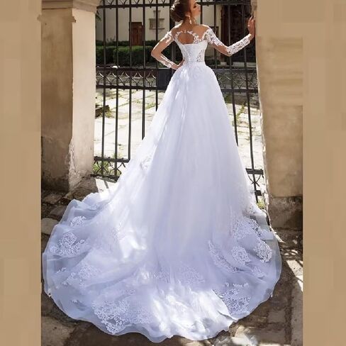 Poioiy Wedding Dresses for Bride 2023 Long Sleeve Illusion Boho Bridal Gowns for Women with Train in Kuwait