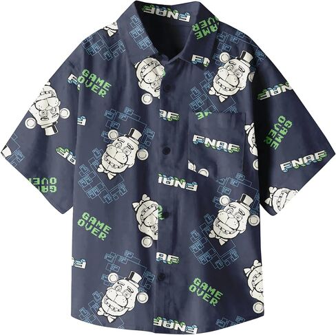 Five Nights at Freddy's Freddy Game Over All-Over Print Boy's Navy Short Sleeve Button-Down Shirt in Saudi Arabia