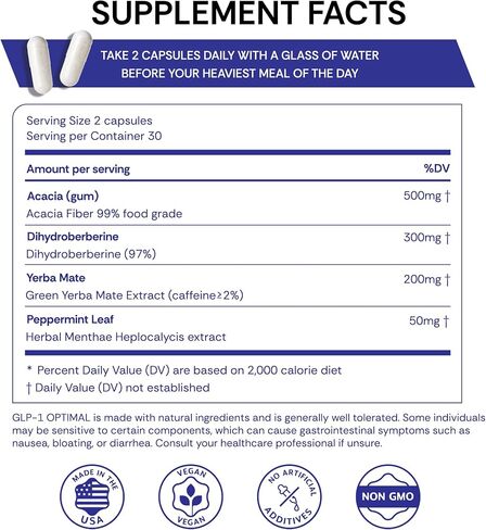 GLP-1 Optimal - Dihydroberberine 300mg, Prebiotics, Natural GLP-1 Supplement for Metabolic, Energy, Made in USA, 60 Capsules, 1 Month Supply in Saudi Arabia