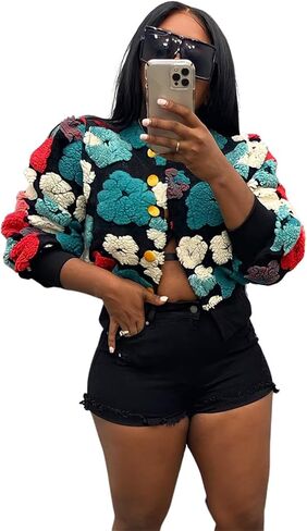 Women's 3D Flower Cropped Bomber Jacket Button Down Varsity Jackets in Saudi Arabia