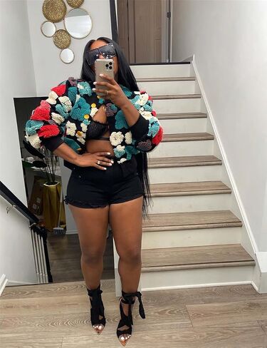 Women's 3D Flower Cropped Bomber Jacket Button Down Varsity Jackets in Saudi Arabia