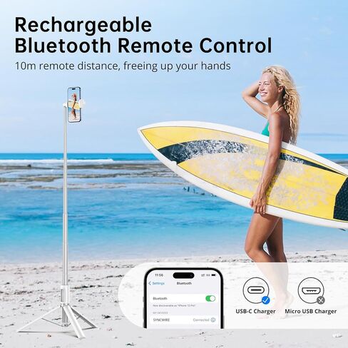 SYNCWIRE 53.5" Phone Tripod, Selfie Stick Tripod with Bluetooth Remote, All-in-One Aluminum Phone Tripod Stand for 4"-7" iPhone and Android Smartphones, Black in Kuwait