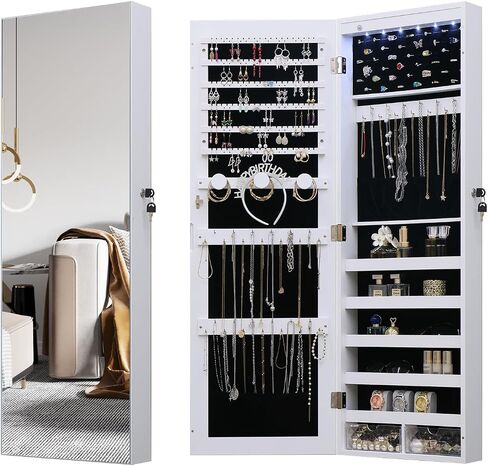 خزانة مجوهرات LED مع مرآة - 47.3 "مرآة مجوهرات باب Armoire معلقة/مرآة مثبتة على الحائط مع التخزين والأدراج بنية ريفية in Kuwait