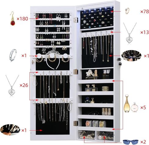 خزانة مجوهرات LED مع مرآة - 47.3 "مرآة مجوهرات باب Armoire معلقة/مرآة مثبتة على الحائط مع التخزين والأدراج بنية ريفية in Kuwait