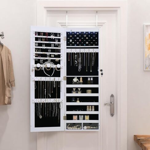 خزانة مجوهرات LED مع مرآة - 47.3 "مرآة مجوهرات باب Armoire معلقة/مرآة مثبتة على الحائط مع التخزين والأدراج بنية ريفية in Kuwait