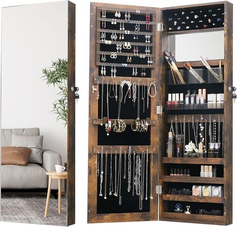 خزانة مجوهرات LED مع مرآة - 47.3 "مرآة مجوهرات باب Armoire معلقة/مرآة مثبتة على الحائط مع التخزين والأدراج بنية ريفية in Kuwait
