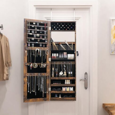 خزانة مجوهرات LED مع مرآة - 47.3 "مرآة مجوهرات باب Armoire معلقة/مرآة مثبتة على الحائط مع التخزين والأدراج بنية ريفية in Kuwait