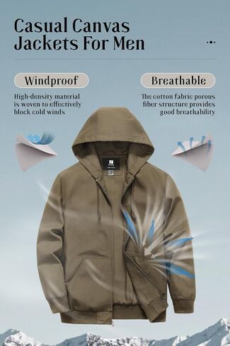 Pursky Men's Casual Cotton Jacket Lightweight Canvas Work Jacket Hooded Stylish Durable Windbreaker in Kuwait