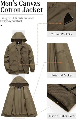 Pursky Men's Casual Cotton Jacket Lightweight Canvas Work Jacket Hooded Stylish Durable Windbreaker in Kuwait