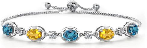 GEM Stone King 925 Sterling Silver London Blue Topaz ، أصفر السترين وسوار الماس المزروع للنساء | 4.85 CTTW | الأحجار الكريمة نوفمبر المولد | بيضاوي 7x5mm | قابل للتعديل بالكامل 9 بوصة in Saudi Arabia