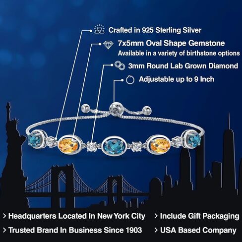 GEM Stone King 925 Sterling Silver London Blue Topaz ، أصفر السترين وسوار الماس المزروع للنساء | 4.85 CTTW | الأحجار الكريمة نوفمبر المولد | بيضاوي 7x5mm | قابل للتعديل بالكامل 9 بوصة in Saudi Arabia