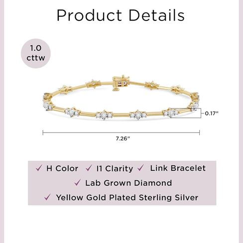 Jewelili Yellow Gold Plated 925 Sterling Silver Diamond Link Bracelet for Women | 1.0 CTW Wedding Jewelry | H Color I1 Clarity | Lab Grown Diamond Link Bracelet | Jewelry Gift Box in Saudi Arabia