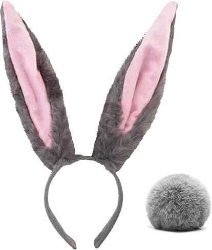Bunny Ears Headband Furry Rabbit Ear And Tail Halloween Accessories White/Black/Grey in Saudi Arabia