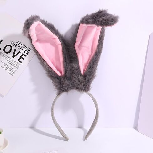 Bunny Ears Headband Furry Rabbit Ear And Tail Halloween Accessories White/Black/Grey in Saudi Arabia