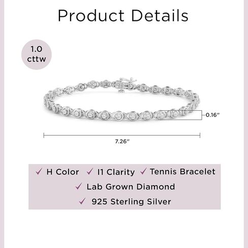 jewellili 925 سوار الماس الفضي الاسترليني للنساء | 1.0 CTW LAB GROWN DAIMONDS | H Color I1 Clarity | سوار التنس القابل للتكديس | المجوهرات مع صندوق الهدايا in Saudi Arabia