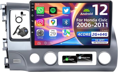 Car Radio Stereo for Honda Civic 2006-2011 Android 12 10" 1280 * 800 IPS Touch Screen Wireless CarPlay Android Auto 5GWiFi GPS Navigation Bluetooth RDS EQ HiFi FM Mirror Link HD Backup Camera SWC Mic in Kuwait
