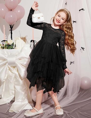 Arshiner Flower Girl Dress Toddler Contrast Lace Tutu Irregular Tulle Wedding Birthday Party Dresses in Saudi Arabia