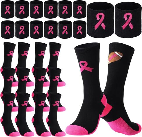 Ramede 12 Pairs Breast Cancer Awareness Socks Pink Ribbon Wristbands Breast Cancer Football Socks Sweatbands for Soccer Volleyball Football Baseball Sport Team Support in Saudi Arabia