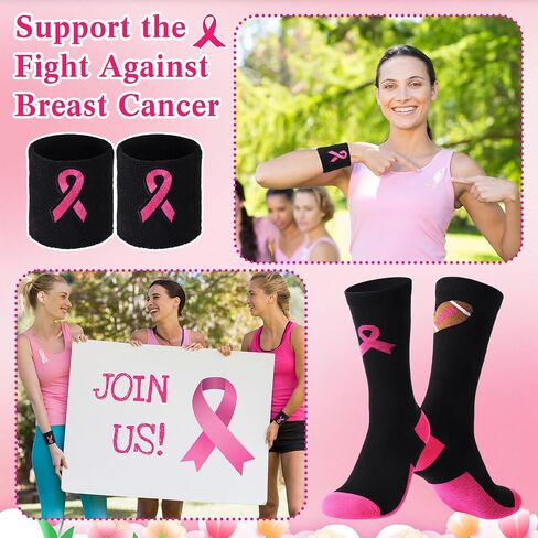 Ramede 12 Pairs Breast Cancer Awareness Socks Pink Ribbon Wristbands Breast Cancer Football Socks Sweatbands for Soccer Volleyball Football Baseball Sport Team Support in Saudi Arabia