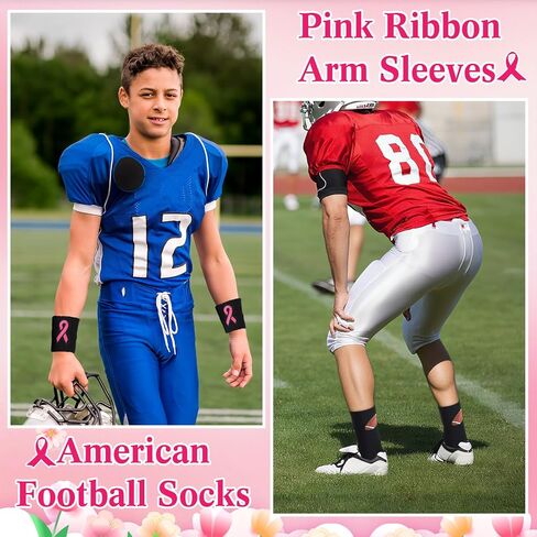 Ramede 12 Pairs Breast Cancer Awareness Socks Pink Ribbon Wristbands Breast Cancer Football Socks Sweatbands for Soccer Volleyball Football Baseball Sport Team Support in Saudi Arabia