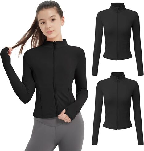 Exarus 2 Pack Girls Justs Croped Scril Fit Fit Lightweight zip Up مع zip mobicets Athletic Active Horse Riding Yoga in Kuwait
