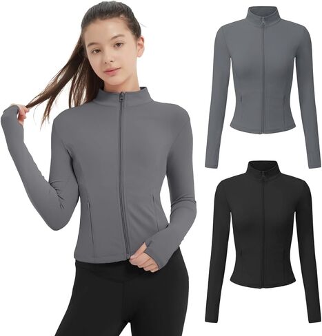 Exarus 2 Pack Girls Justs Croped Scril Fit Fit Lightweight zip Up مع zip mobicets Athletic Active Horse Riding Yoga in Kuwait