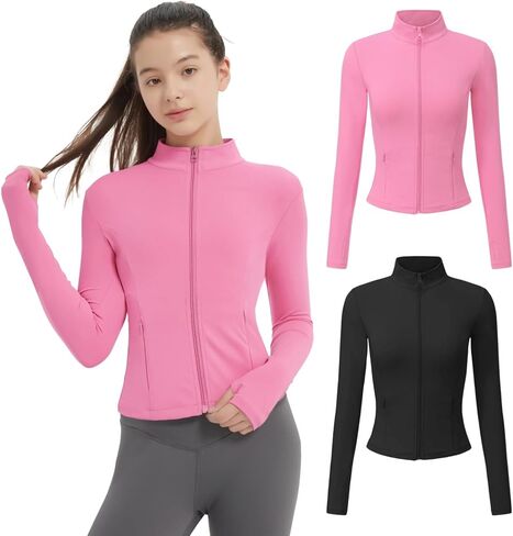 Exarus 2 Pack Girls Justs Croped Scril Fit Fit Lightweight zip Up مع zip mobicets Athletic Active Horse Riding Yoga in Kuwait