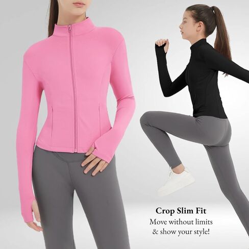 Exarus 2 Pack Girls Justs Croped Scril Fit Fit Lightweight zip Up مع zip mobicets Athletic Active Horse Riding Yoga in Kuwait