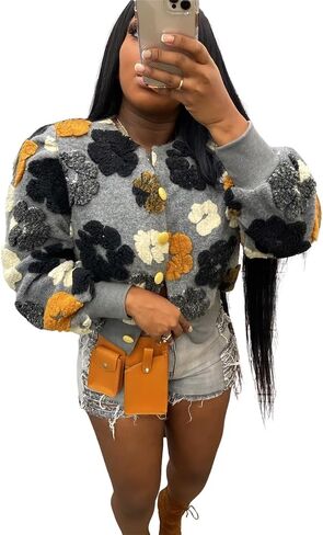 Women's 3D Flower Cropped Bomber Jacket Button Down Varsity Jackets in Saudi Arabia