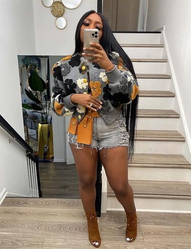 Women's 3D Flower Cropped Bomber Jacket Button Down Varsity Jackets in Saudi Arabia
