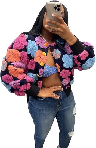 Women's 3D Flower Cropped Bomber Jacket Button Down Varsity Jackets in Saudi Arabia
