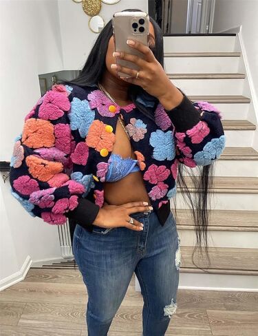 Women's 3D Flower Cropped Bomber Jacket Button Down Varsity Jackets in Saudi Arabia