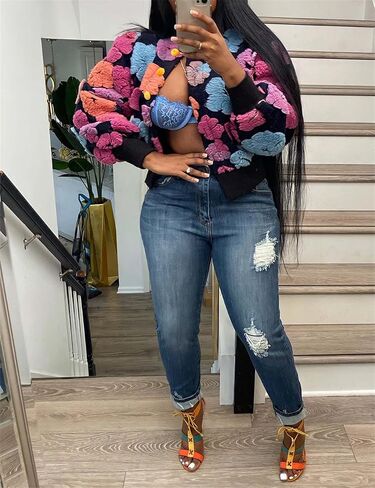 Women's 3D Flower Cropped Bomber Jacket Button Down Varsity Jackets in Saudi Arabia