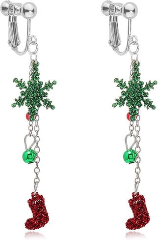 Christmas Clip On Earrings for Women, Non-Pierced, Red Green Snowflake Jingle Bell Cane Knot Dangle, Colorful Festival Party Jewelry, Holiday Drop Earrings in Saudi Arabia